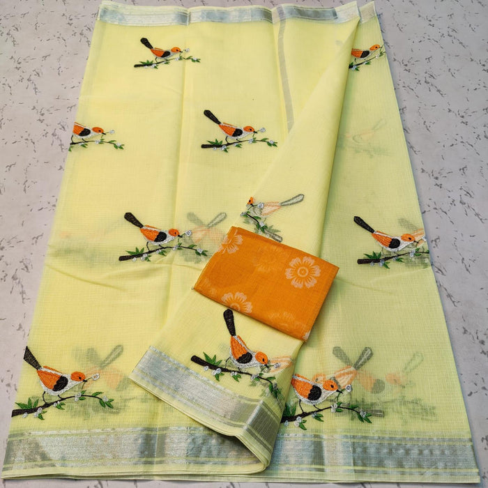 Cotton Mix Kota Doria Embroidered Saree for Festive and Daily Wear - Yellow Color