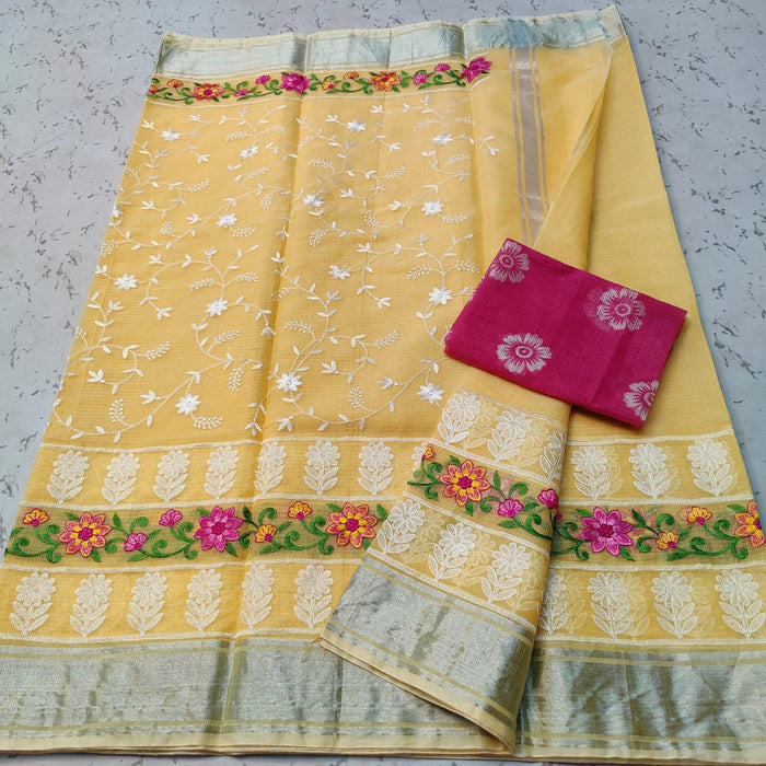 Cotton Mix Kota Doria Embroidery Yellow Color Saree