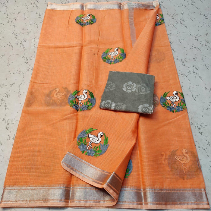 Cotton Mix Kota Doria Peach Color Embroidery Saree