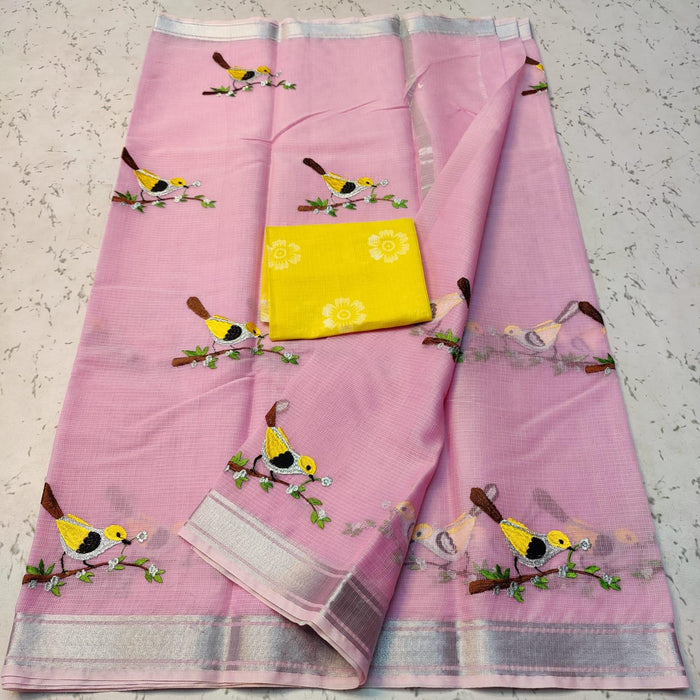 Cotton Mix Kota Doria Embroidered Saree for Festive and Daily Wear - Pink Color