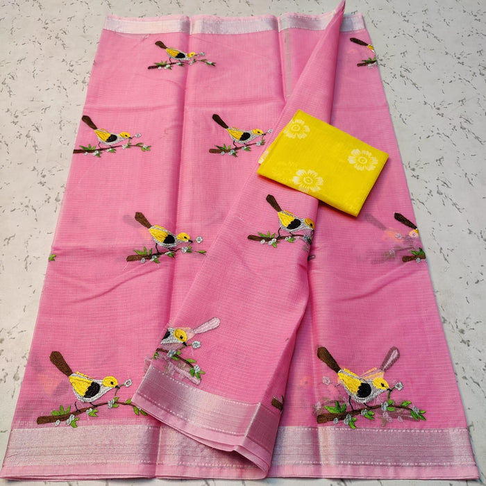 Cotton Mix Kota Doria Embroidered Saree for Festive and Daily Wear -  Light Pink Color
