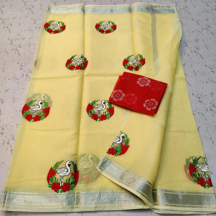 Cotton Mix Kota Doria Yellow Color Embroidery Saree