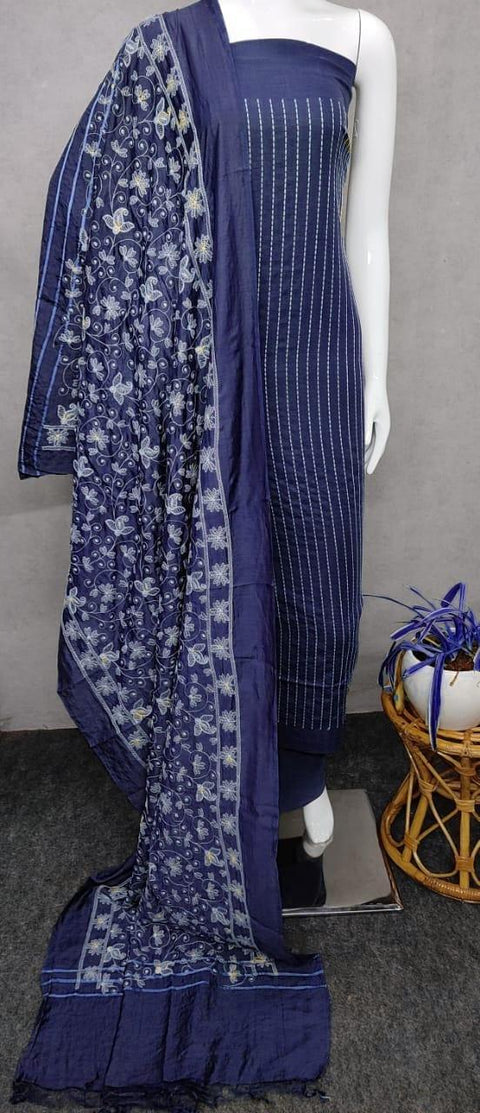 Cotton Silk Embroidered Blue Color Dress Material - Trend In Need