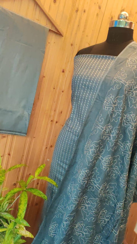Cotton Slub Embroidered Grey Color Dress Material - Trend In Need