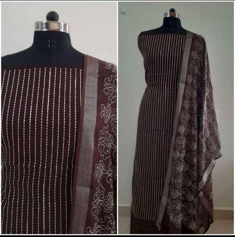 Cotton Viscose Silk Embroidered Brown Color Dress Material - Trend In Need