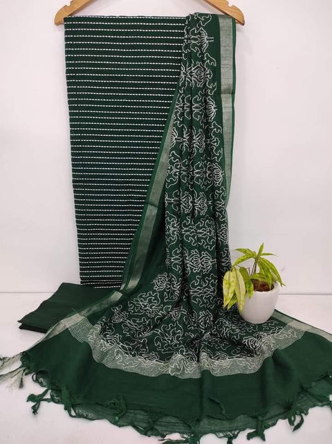 Embroidered Work Cotton Silk Green Color Dress Material - Trend In Need