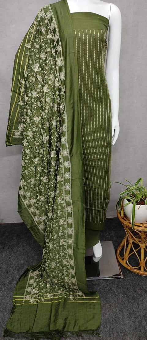 Green Color Cotton Silk Embroidered Dress Material - Trend In Need