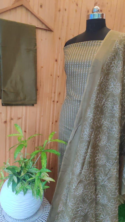 Green Color Cotton Slub Embroidered Dress Material - Trend In Need