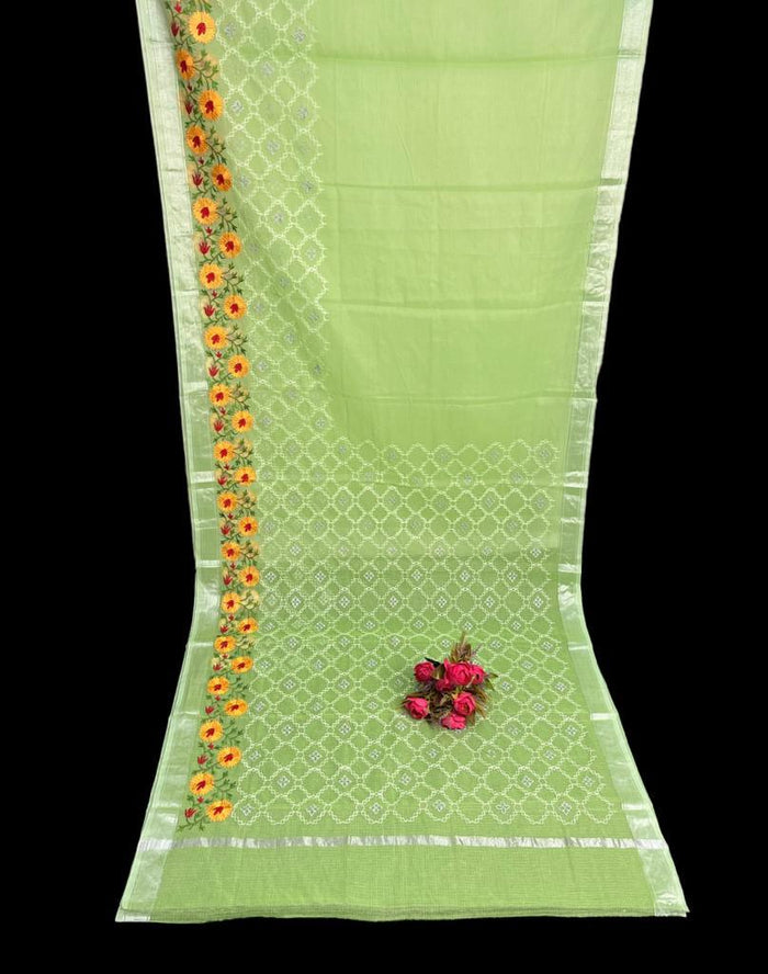 Green Color Embroidered Kota Doria Saree
