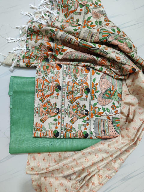Green Color Handwoven Cotton Matka Silk Dress Material - Trend In Need