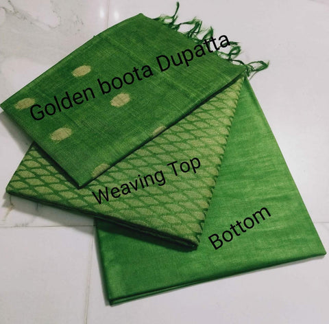 Green Color Handwoven Cotton Matka Silk Woven Dress Material - Trend In Need