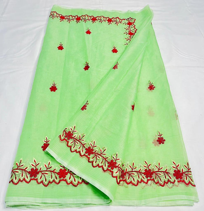 Green Color Kota Cotton Sarees With Embroidery Work
