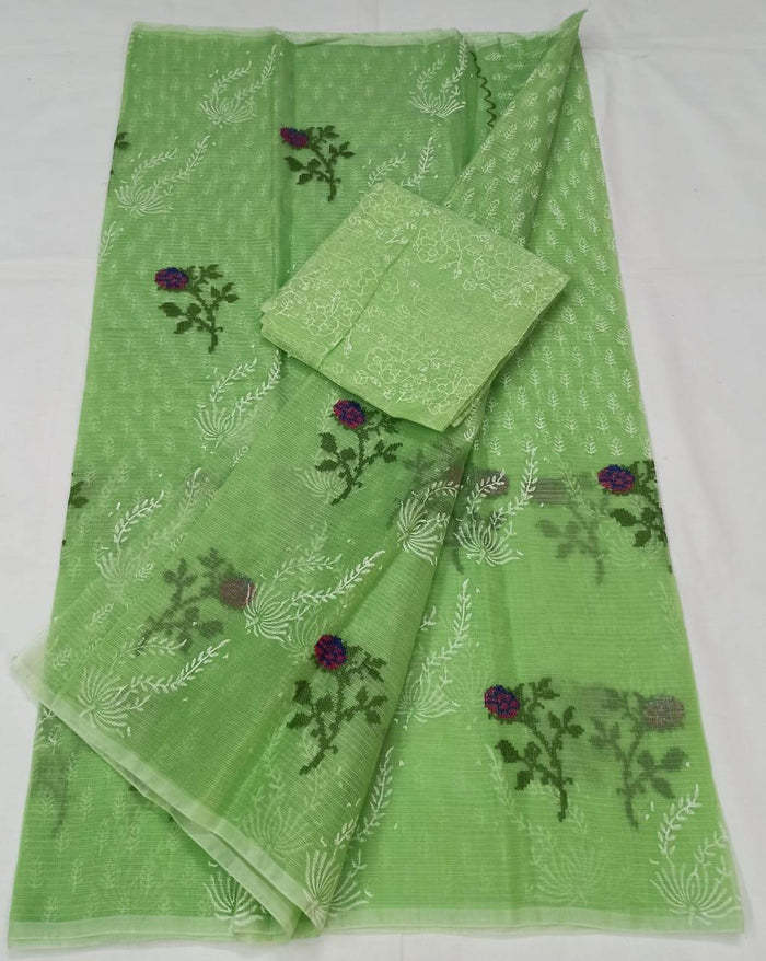 Green Color Kota Doria Cotton Embroidered Saree with Fine Block Print