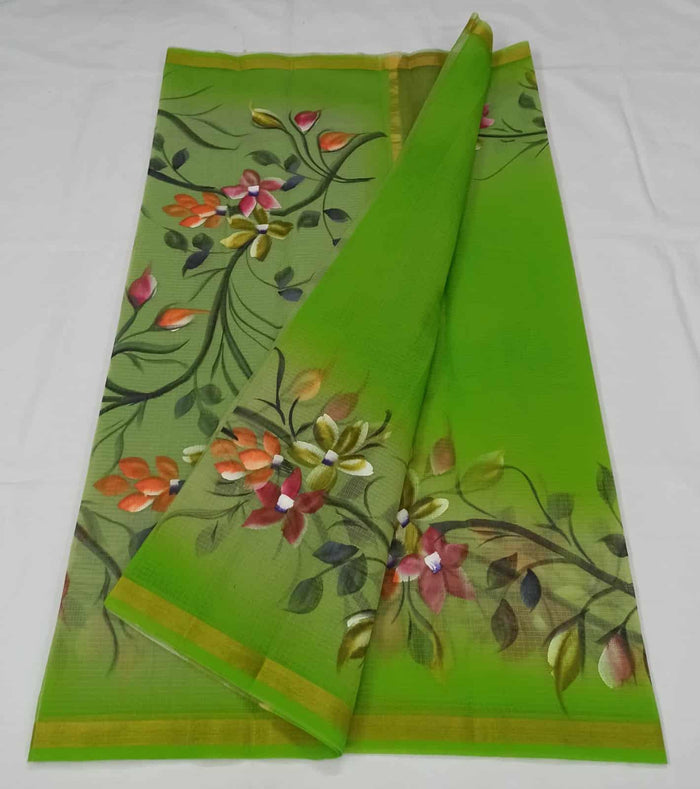 Hand Painted Kota Doria Saree - Green Color
