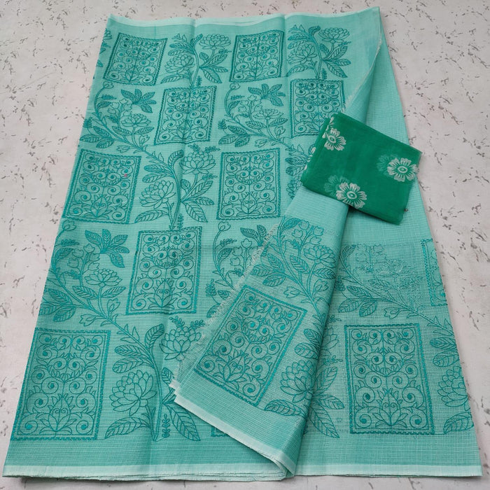 Green Color Machine Embroidered Kota Doria Cotton Saree