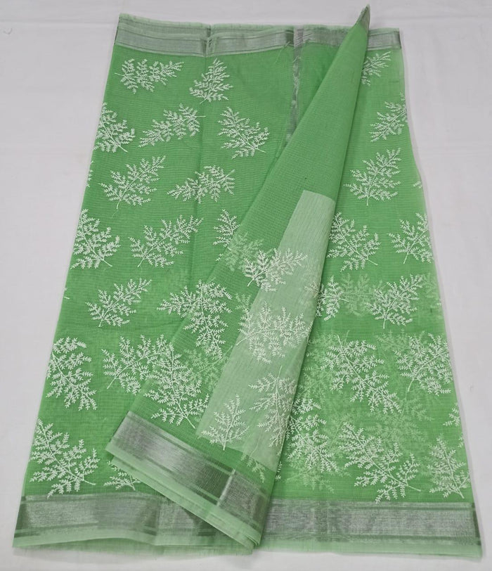 Green Color Machine Embroidred Work Kota Doria Cotton Saree
