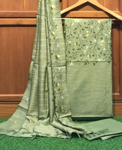 Green Color Matka Cotton Embroidered Dress Material - Trend In Need