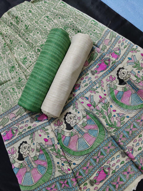 Green Color Matka Handwoven Cotton silk Dress Material With Madhubani Print Dupatta - Trend In Need