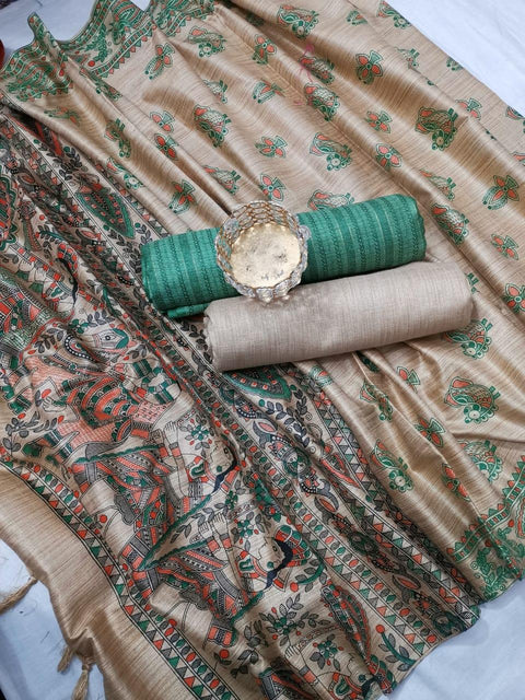 Green Color Semi Raw Silk Dress Material With Handwoven Cotton Silk Dupatta - Trend In Need