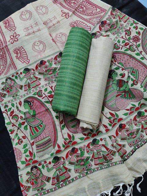 Green Matka Handwoven Cotton silk Dress Material With Madhubani Print Dupatta - Trend In Need