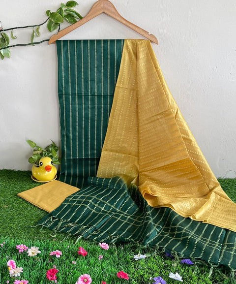Green Yellow Color Cotton Viscose Silk Woven Line Dress Material - Trend In Need