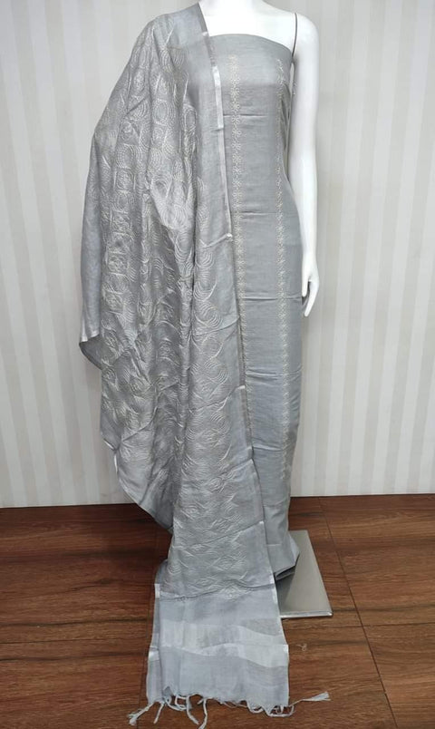 Grey Color Cotton Silk Machine Embroidered Unstitched Suit Material - Trend In Need