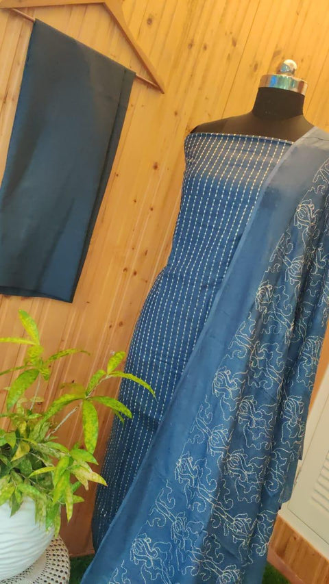 Grey Color Cotton Slub Embroidered Dress Material - Trend In Need
