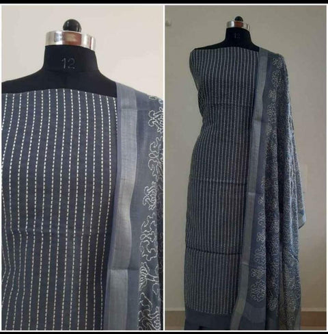 Grey Color Cotton Viscose Silk Embroidered Dress Material - Trend In Need
