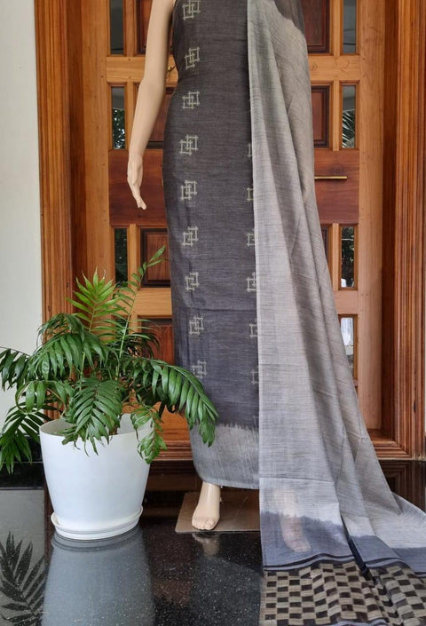 Grey Color Handwoven Cotton Baswada Silk Woven Dress Material - Trend In Need