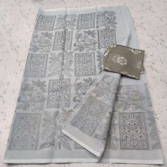 Grey Color Machine Embroidered Kota Doria Cotton Saree