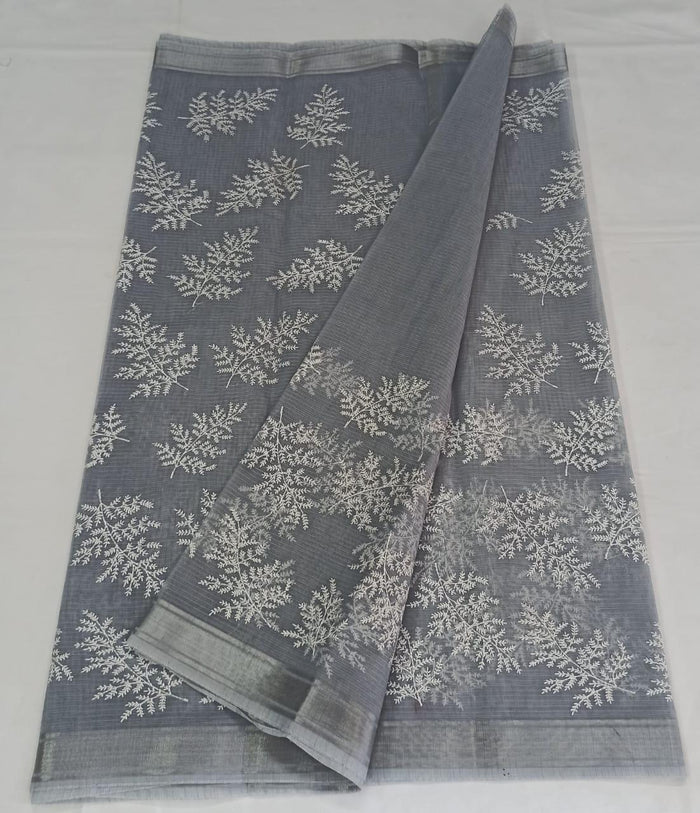 Grey Color Machine Embroidred Work Kota Doria Cotton Saree