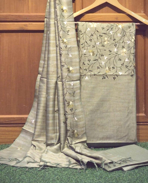 Grey Color Matka Cotton Embroidered Dress Material - Trend In Need