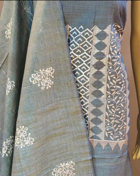 Grey Color Matka Cotton Silk Embroidered Work Suit - Trend In Need