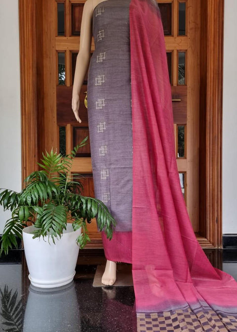 Grey Pink Color Handwoven Cotton Baswada Silk Woven Dress Material - Trend In Need