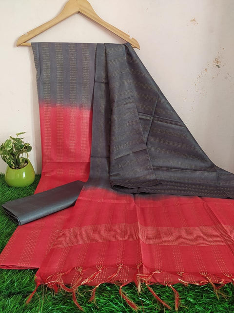Grey Red Color Handwoven Cotton Silk Dress Material - Trend In Need