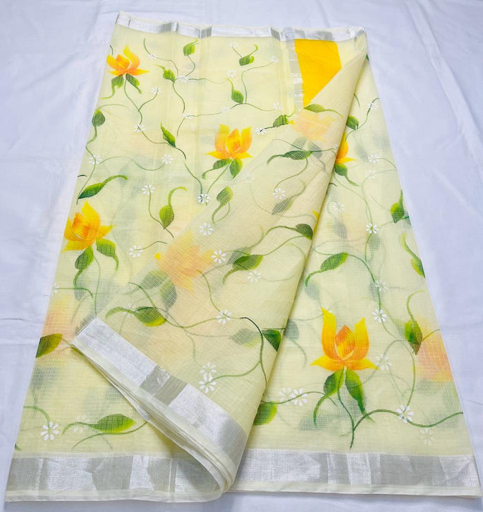 Hand Painted Kota Doria Saree -  Yellow Color