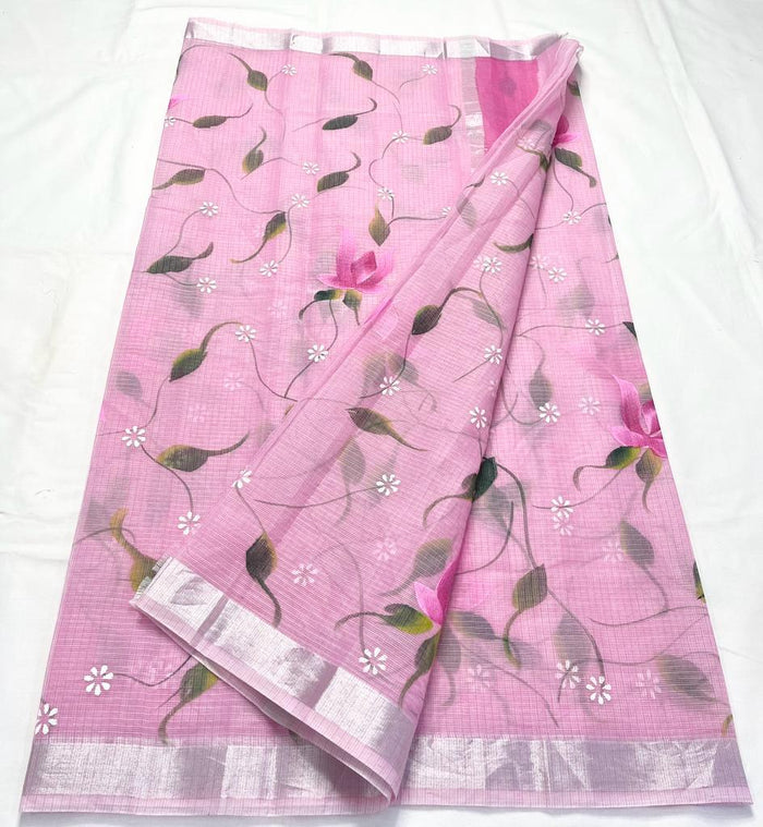 Hand Painted Kota Doria Saree -  Pink Color