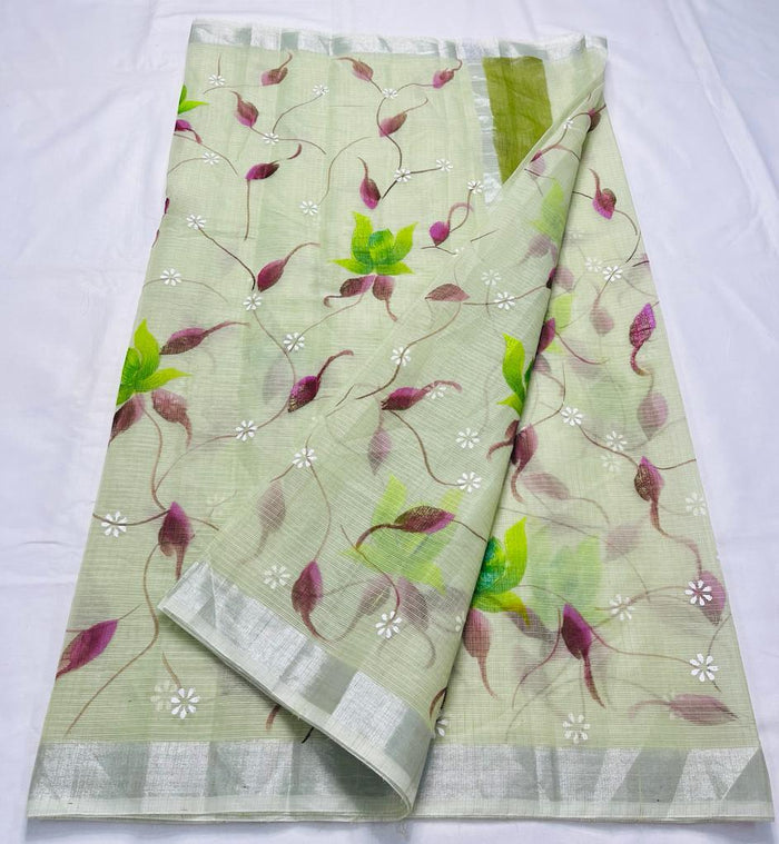 Hand Painted Kota Doria Saree -  Green Color