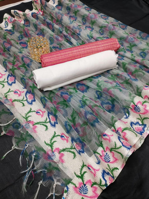Handwoven Cotton Dupion Silk Dress Material with Organza Silk Dupatta - Trend In Need