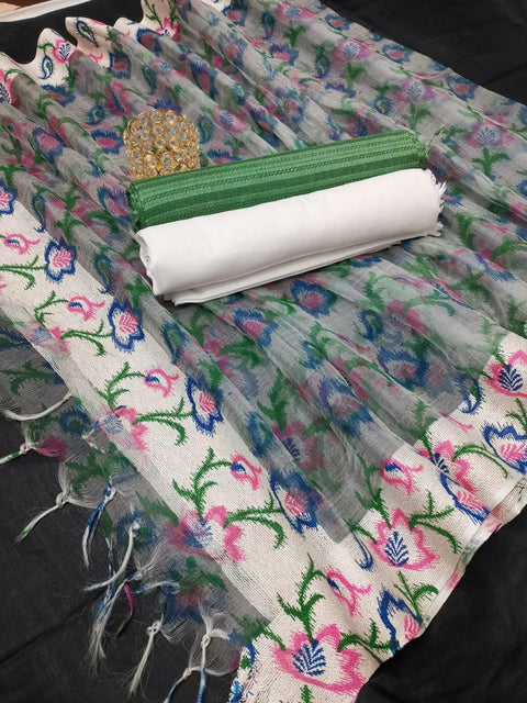 Handwoven Cotton Dupion Silk Dress Material with Organza Silk Dupatta - Trend In Need