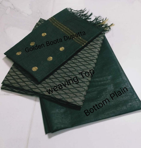 Handwoven Cotton Matka Silk Woven Green Color Dress Material - Trend In Need