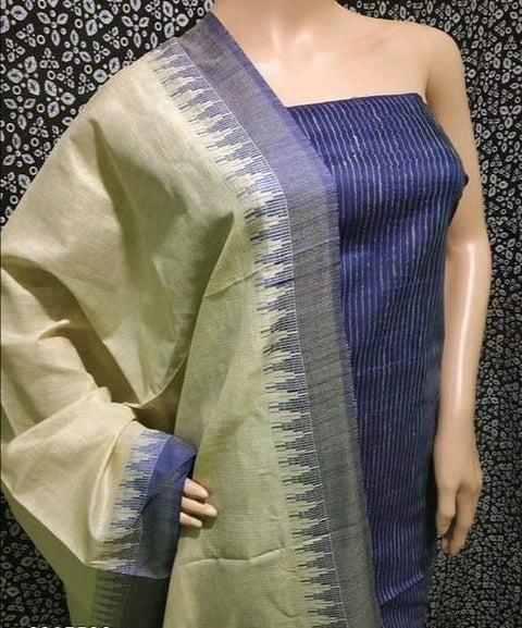 Handwoven Cotton Silk Blue Color Dress Material - Trend In Need