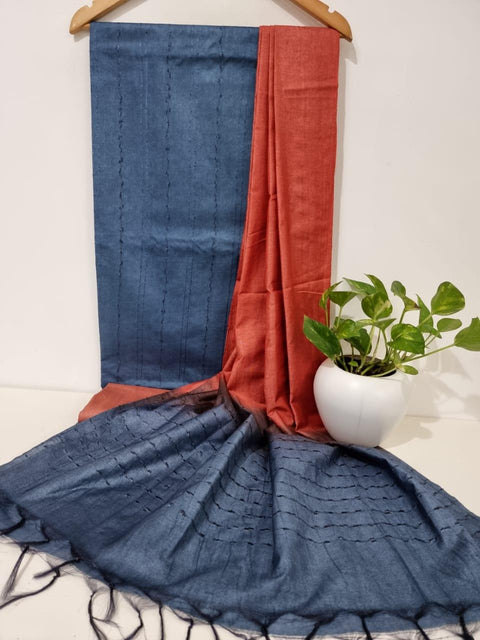 Katan Staple Silk Woven Blue Color Dress Material - Trend In Need