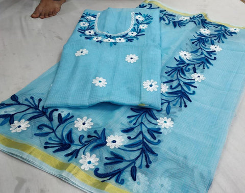 Kota Doria Cotton Aari Work Blue Color Dress Material - Trend In Need
