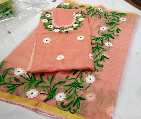 Kota Doria Cotton Aari Work Pink Color Dress Material - Trend In Need