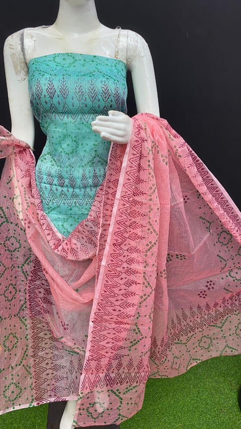 Kota Doria Cotton Block Printed Sea Green Color Dress Material - Trend In Need