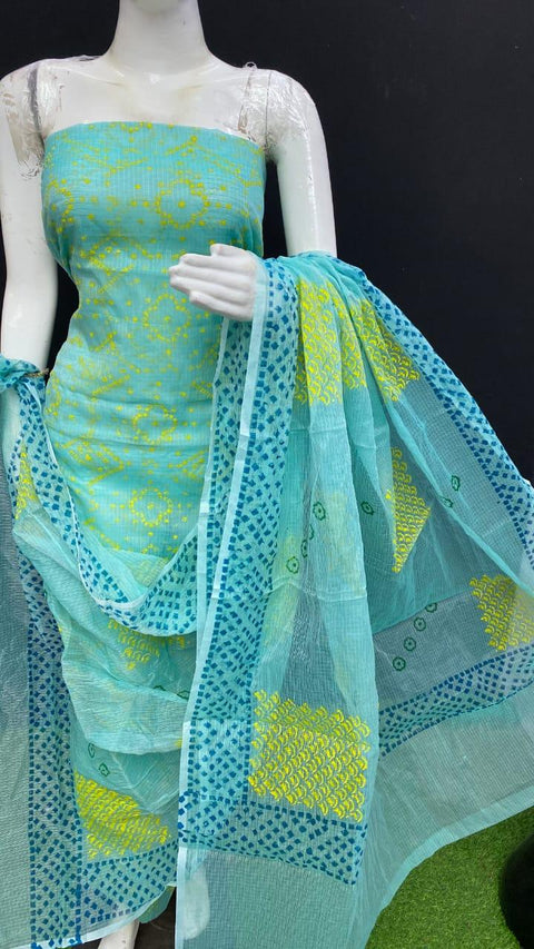 Kota Doria Cotton Block Printed Sea Green Color Dress Material - Trend In Need