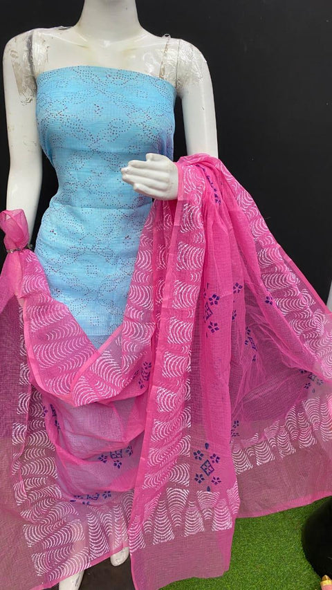 Kota Doria Cotton Block Printed Sky Blue Color Dress Material - Trend In Need