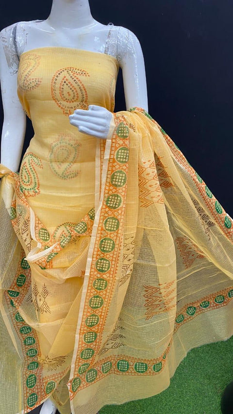 Kota Doria Cotton Block Printed Yellow Color Dress Material - Trend In Need
