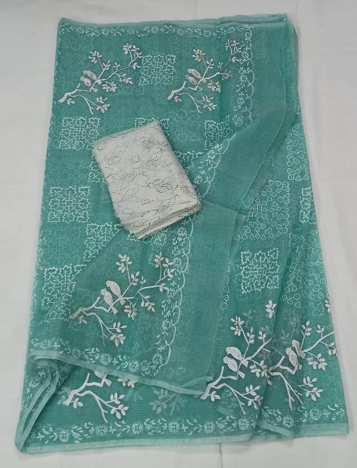 Kota Doria Cotton Blue Colour Embroidered Saree with Fine Block Print